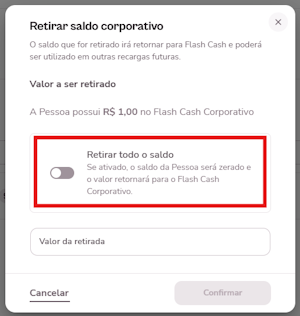 Imagem mostra a opção de retirar o saldo todos ou um valor específico.