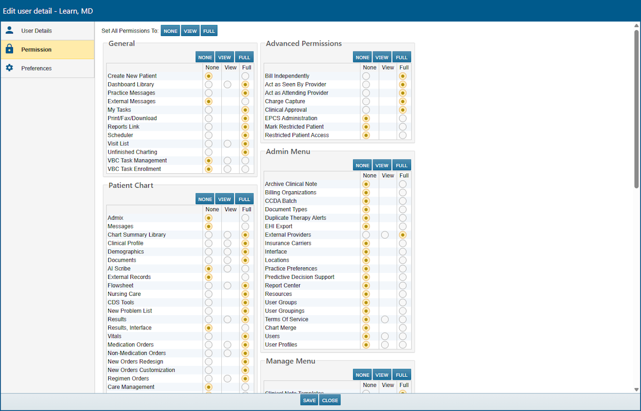 The Permissions tab when editing a User Account - click to enlarge The Permissions tab when editing a User Account