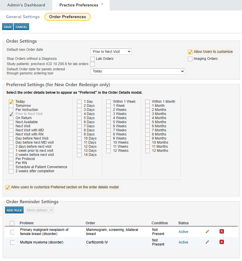 The Practice Preferences related to New Orders on the Order Preferences tab - click to enlarge The Practice Preferences related to New Orders on the Order Preferences tab