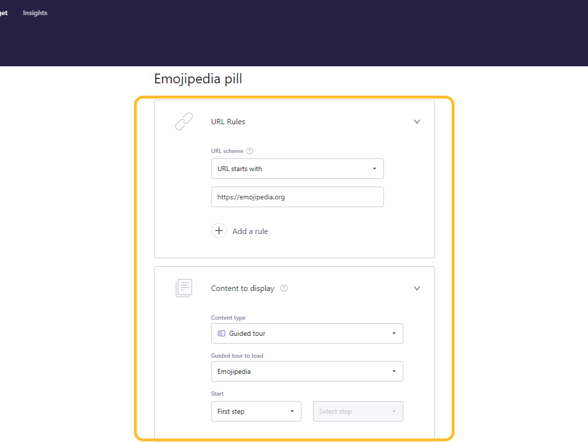 URL rules and Content to display blocks in trigger settings. - cliquez pour agrandir URL rules and Content to display blocks in trigger settings.