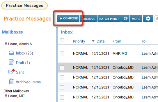 Practice Messages with the Compose button highlighted - click to enlarge Practice Messages with the Compose button highlighted