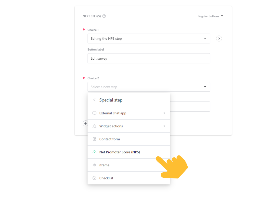 Next step menu open with the Net Promoter Score special step highlighted. - click to enlarge Next step menu open with the Net Promoter Score special step highlighted.