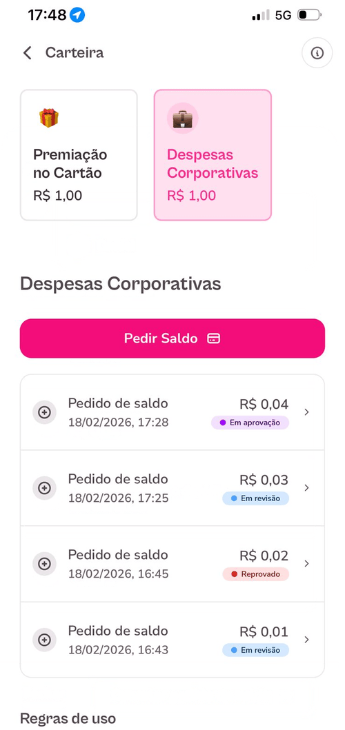 Gif com pedidos de saldo corporativo via app