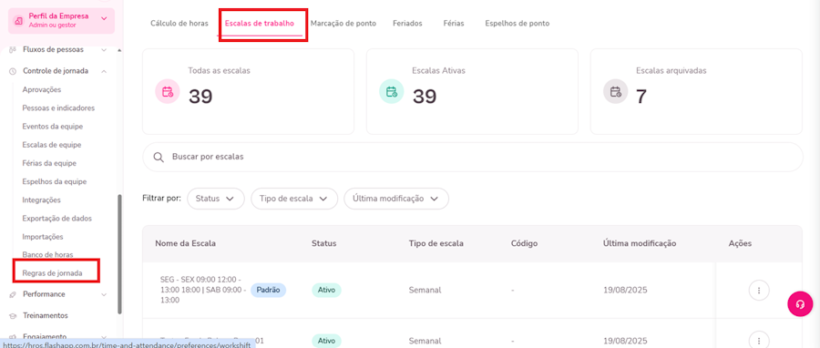 Menu regras de jornada com foco em escalas de trabalho.