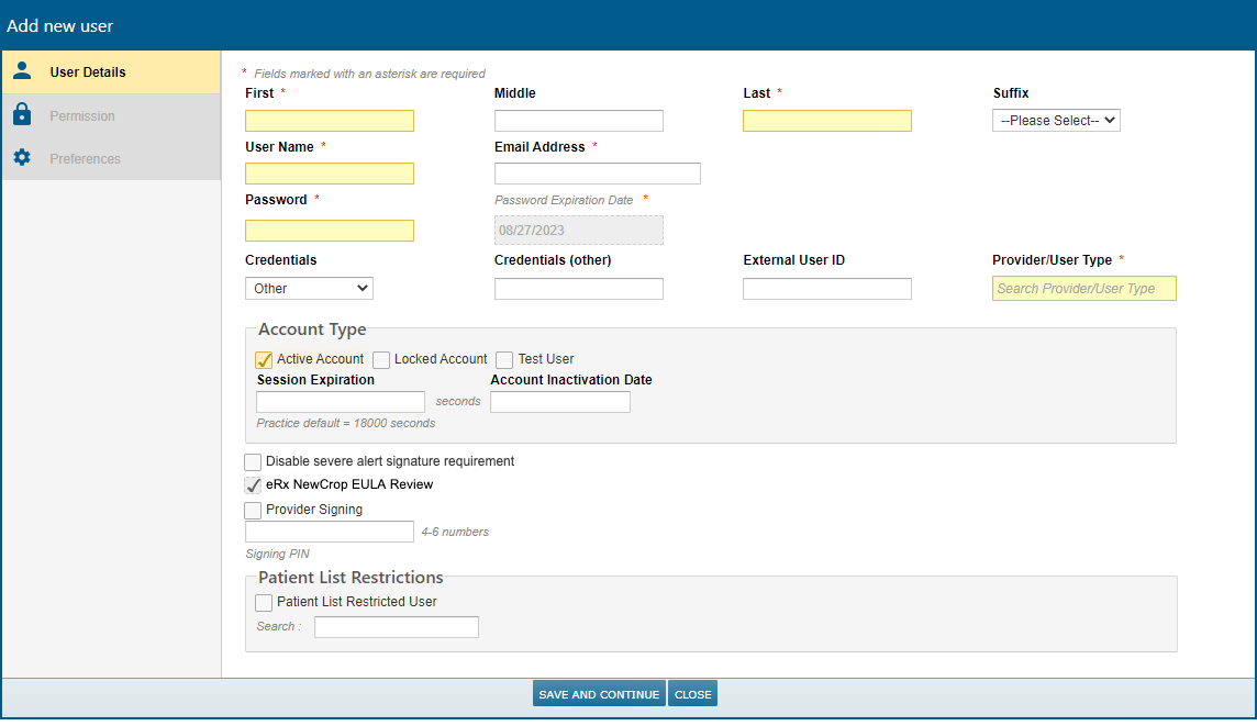The Add New User Details tab - click to enlarge The Add New User Details tab