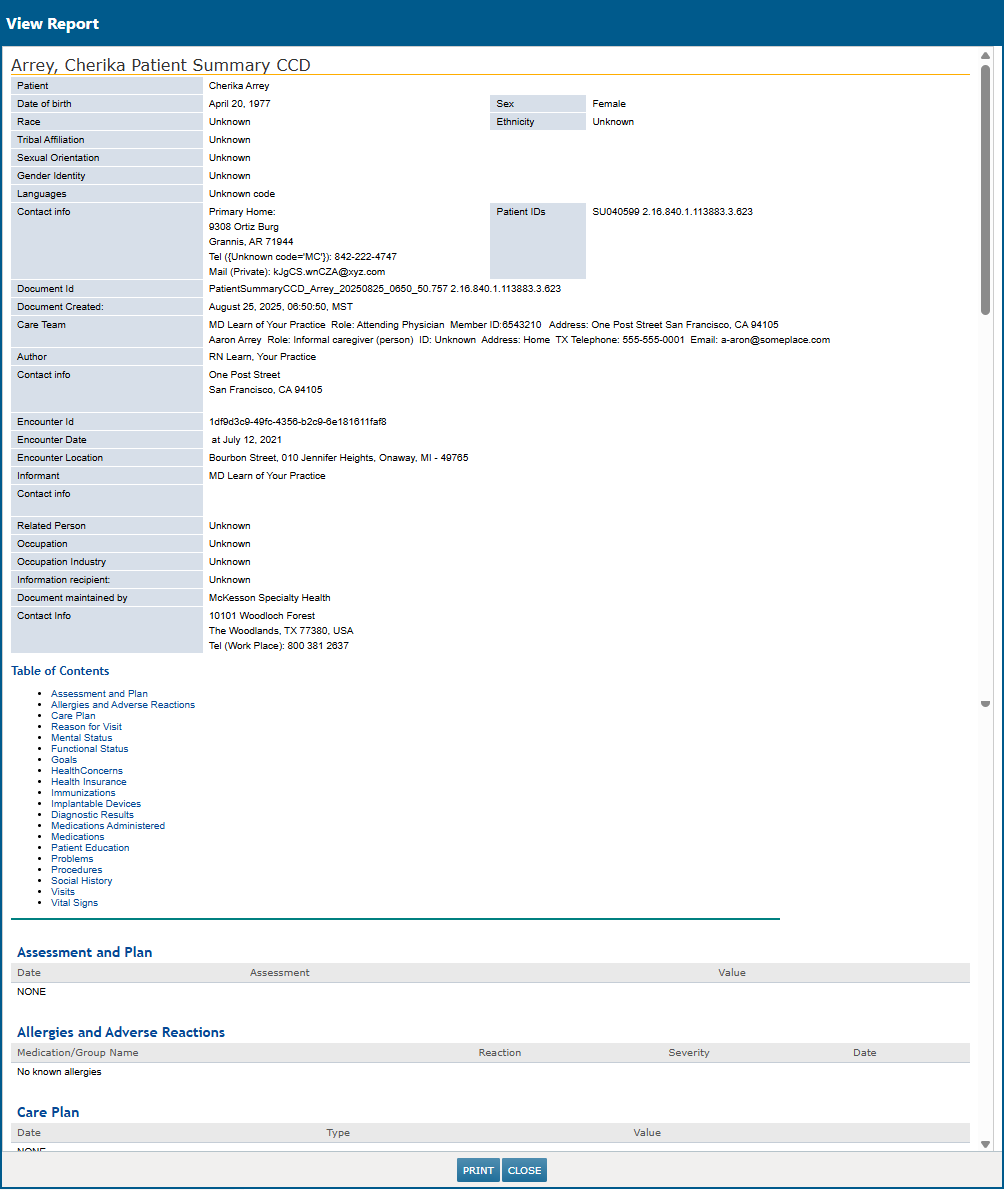 The Patient Summary CCD with the Print and Close buttons - click to enlarge The Patient Summary CCD with the Print and Close buttons