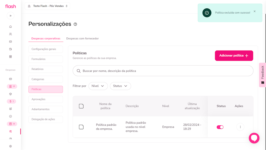 Política de despesas corporativas. Finalização da politica que deseja excluir