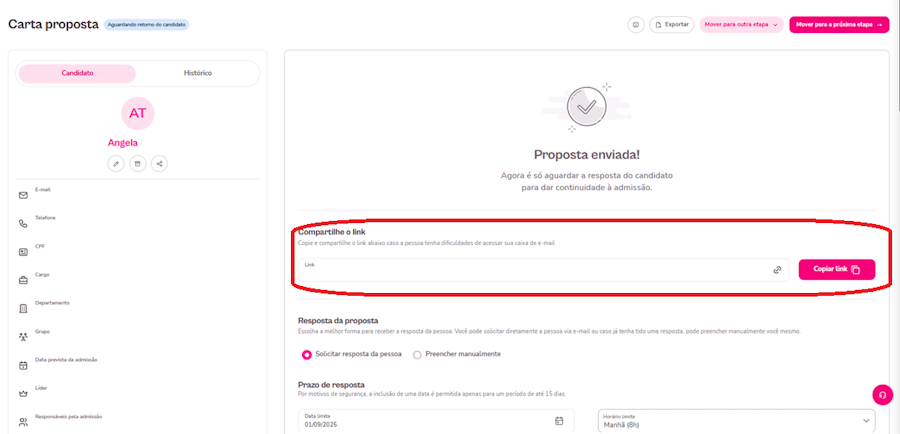 imagem de um card exemplo de candidato com destaque para o campo de copiar link