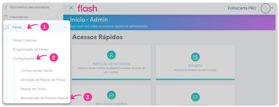 Histórico de férias e períodos aquisitivos Folha Flash. Tela de consulta