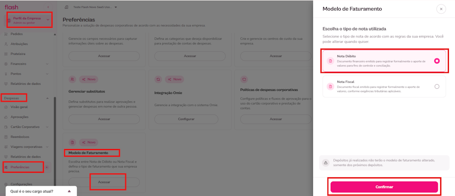 Imagem mostra como retornar para o modelo de faturamento de nota de débito na plataforma Flash.