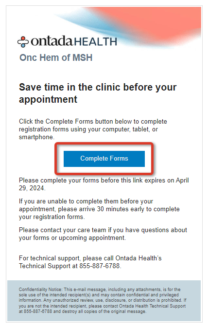 The Ontada Health eRegistration email with the Complete Forms button highlighted - click to enlarge The Ontada Health eRegistration email with the Complete Forms button highlighted