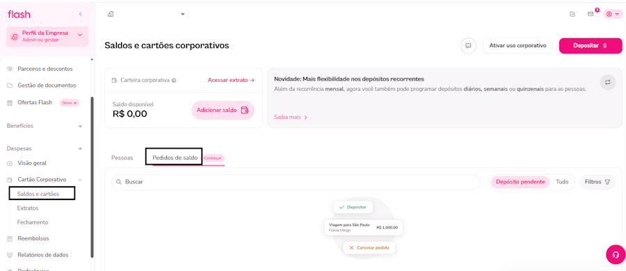 imagem da plataforma com destaque para o menu de pedido de saldo