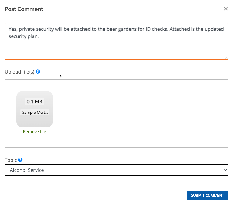 Image of the Post Comment screen with sample text and file.
