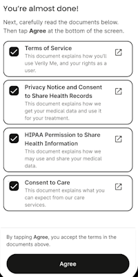 Terms of service agreement screen showing four checked boxes for Terms of Service, Privacy Notice and Consent to Share Health Records, HIPAA Permission to Share Health Information, and Consent to Care, with Agree button at bottom