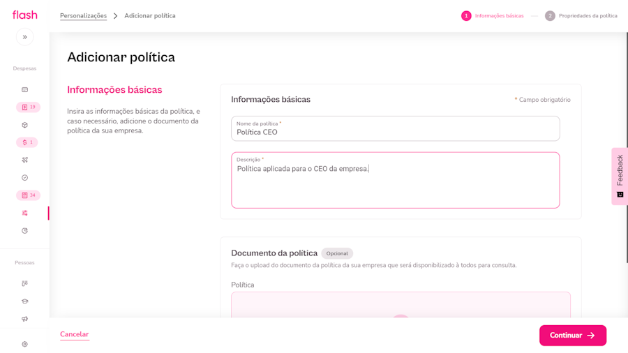 Tela de adicionar política
