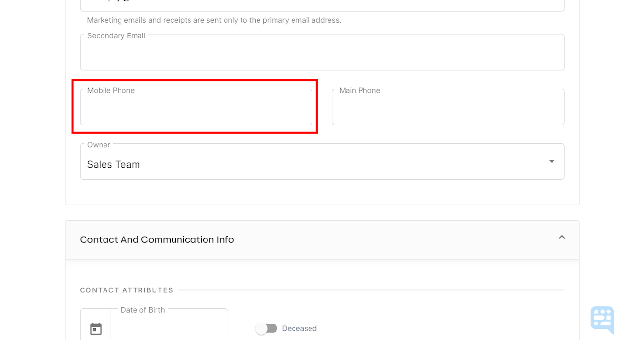 MOBILE NUMBER FIELD ON CONTACT CREATION PAGE - click to enlarge MOBILE NUMBER FIELD ON CONTACT CREATION PAGE