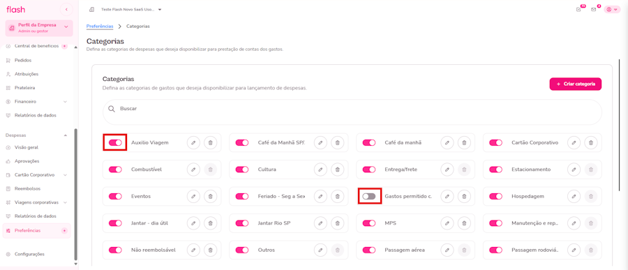 Imagem mostra como desativar uma categoria na plataforma Flash.
