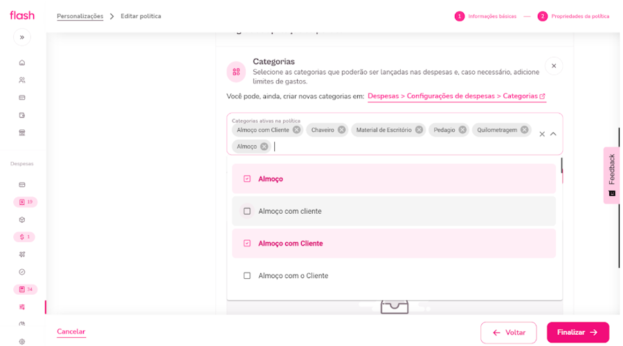 Configurar Politica de despesa. Tela Incluir categorias selecionado no canto esquerdo