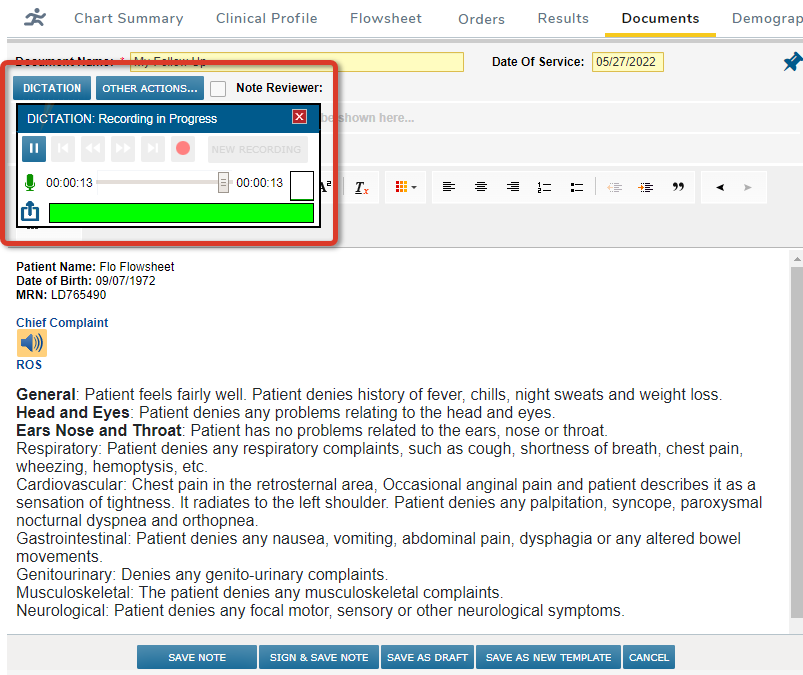 The Note editor with the Dictation tool open and highlighted - click to enlarge The Note editor with the Dictation tool open and highlighted