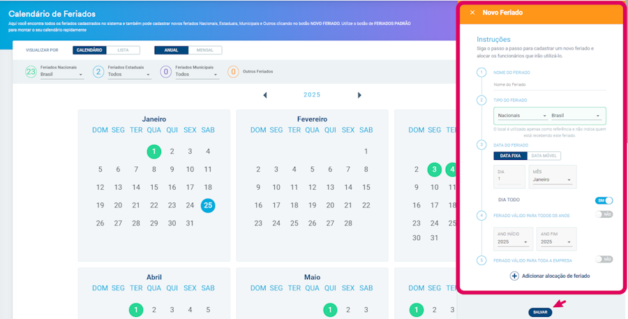 imagem exemplo do campo de calendario com destaque para o menu de cadastrar feriado