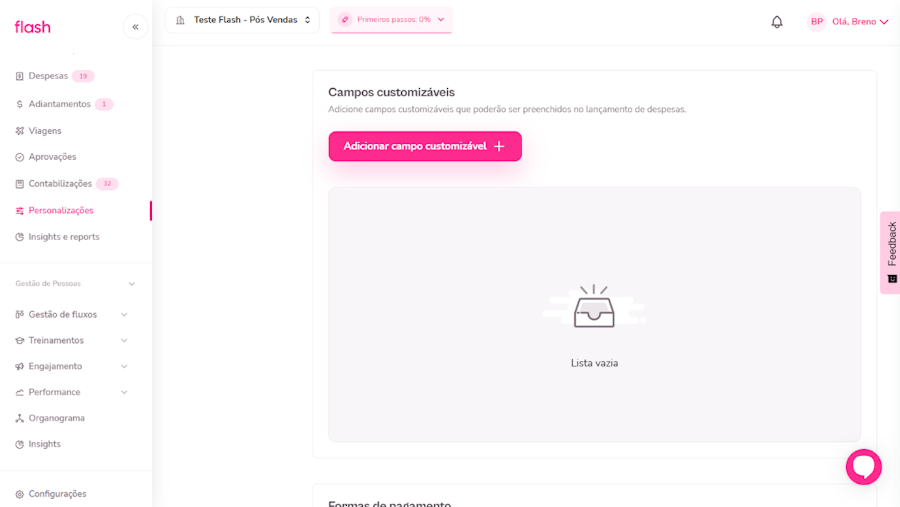 imagem do menu de personalizações e campos customizados