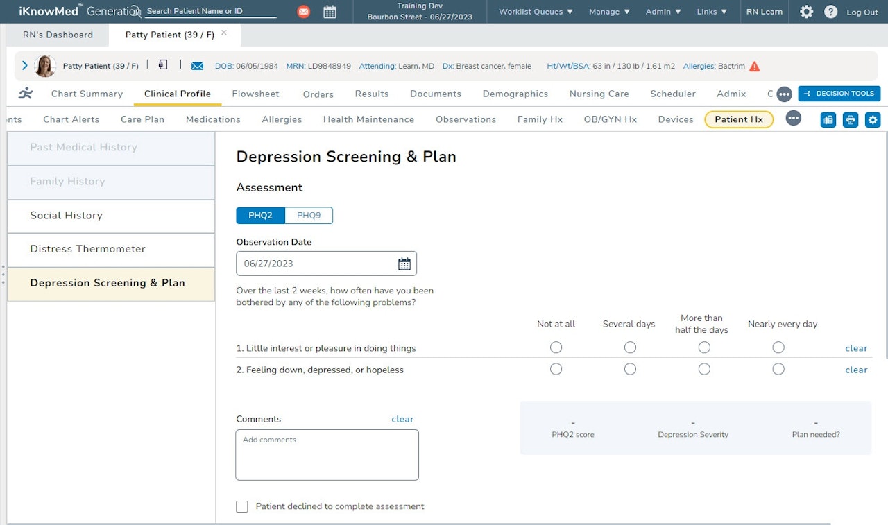 Depression Screening under Clinical Profile > Patient Hx - click to enlarge Depression Screening under Clinical Profile > Patient Hx