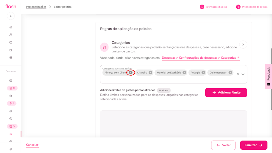 Politica de despesas corporativa. Tela Excluir categoria alocada clicando no X