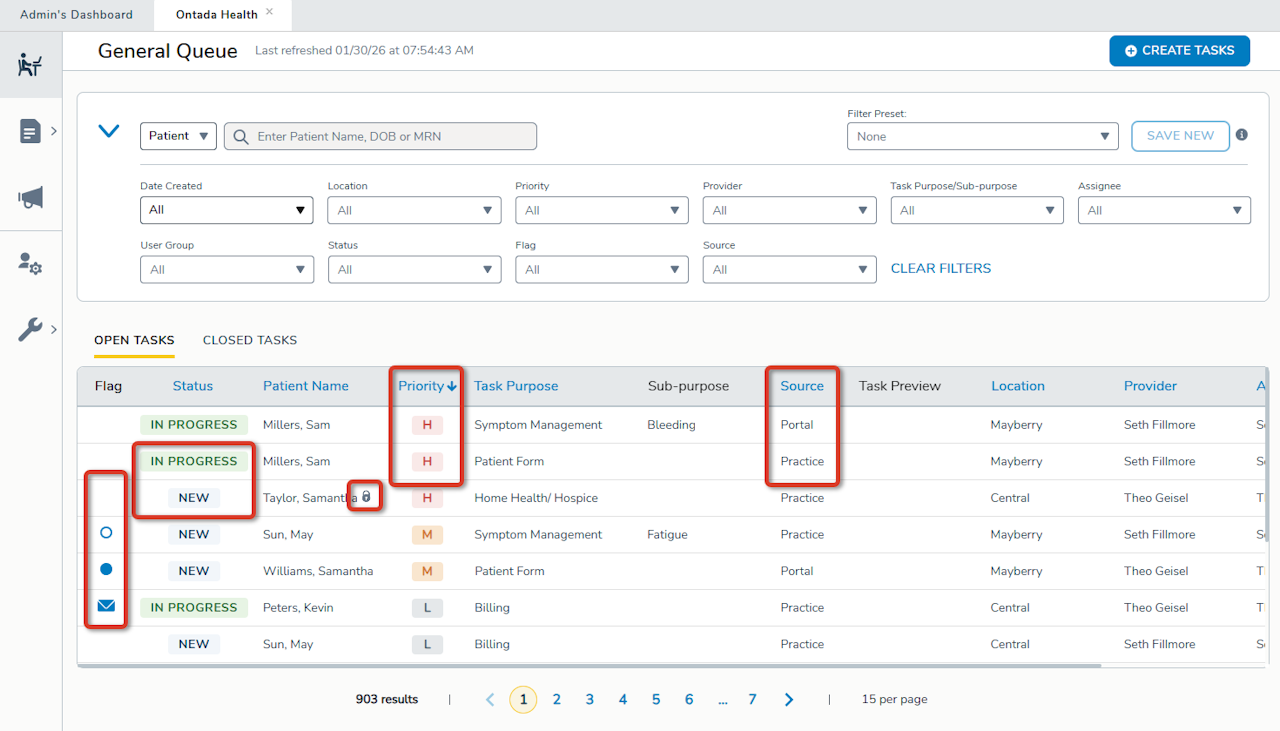 The General Queue task list with some Flag icons, some Statuses, a Restricted chart icon, and the Priority and Source columns highlighted - click to enlarge The General Queue task list with some Flag icons, some Statuses, a Restricted chart icon, and the Priority and Source columns highlighted