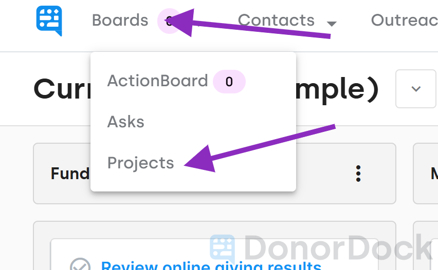 Boards menu: Actions, Asks, and Projects