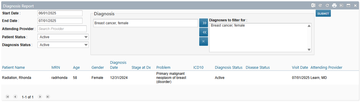The Diagnosis Report dashboard widget with a diagnosis selected - click to enlarge The Diagnosis Report dashboard widget with a diagnosis selected