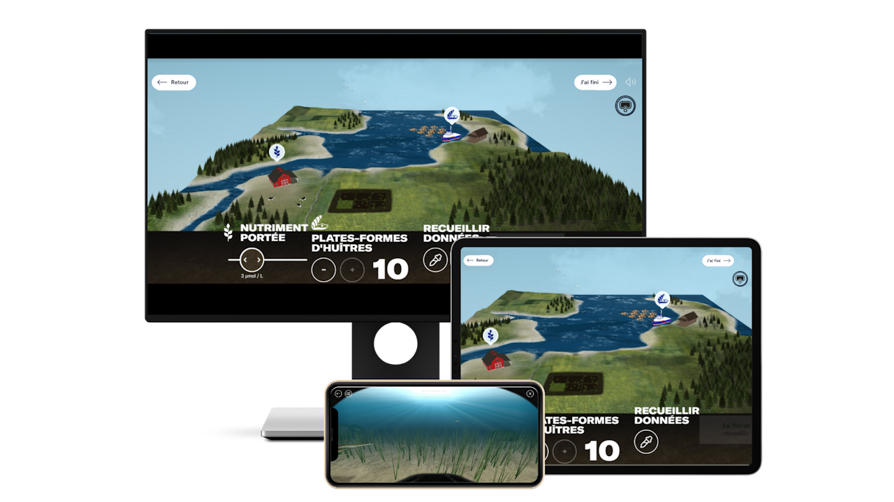 L'expérience Équilibrer la baie en VR présentée sur un écran d'ordinateur, une tablette et un iPhone. L'écran d'ordinateur et la tablette montrent une carte de la baie de Malpèque et le panneau de commande de l'expérience. L'iPhone montre une vue sous-marine de l'expérience. - click to enlarge L'expérience Équilibrer la baie en VR présentée sur un écran d'ordinateur, une tablette et un iPhone. L'écran d'ordinateur et la tablette montrent une carte de la baie de Malpèque et le panneau de commande de l'expérience. L'iPhone montre une vue sous-marine de l'expérience.