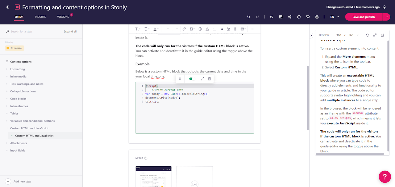 Executable code in guide editor. - click to enlarge Executable code in guide editor.