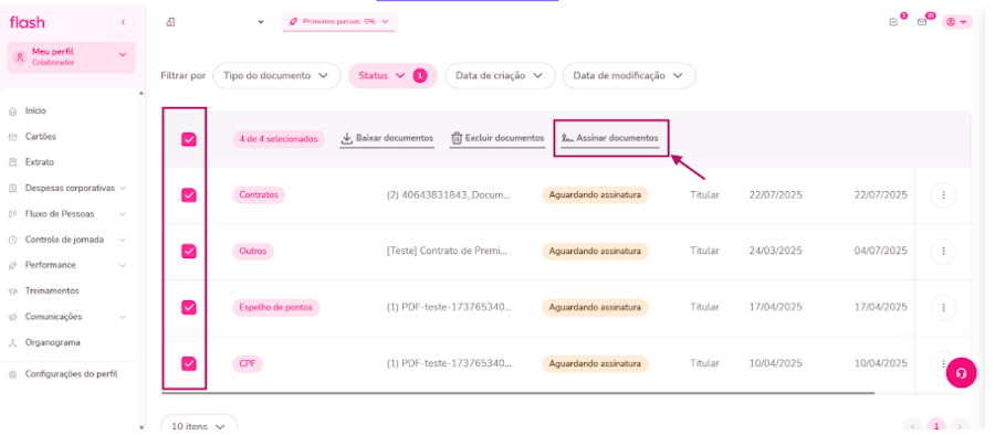 imagem da plataforma com destaque para documentos selecionados e o o botão assinar documentos