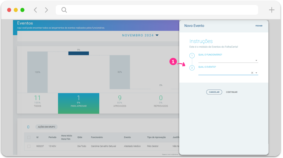 Consultar e lançar eventos da equipe Folha Flash. Tela de lançamento do evento via computador.