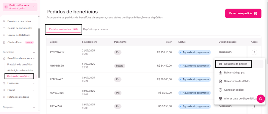 Imagem da tela de pedido de beneficio na opção detalhes do pedido.