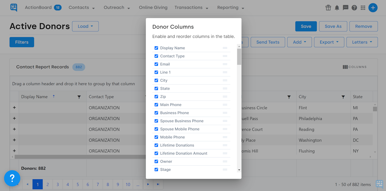 COLUMN SELECTOR BOX ON CONTACT REPORT - click to enlarge COLUMN SELECTOR BOX ON CONTACT REPORT