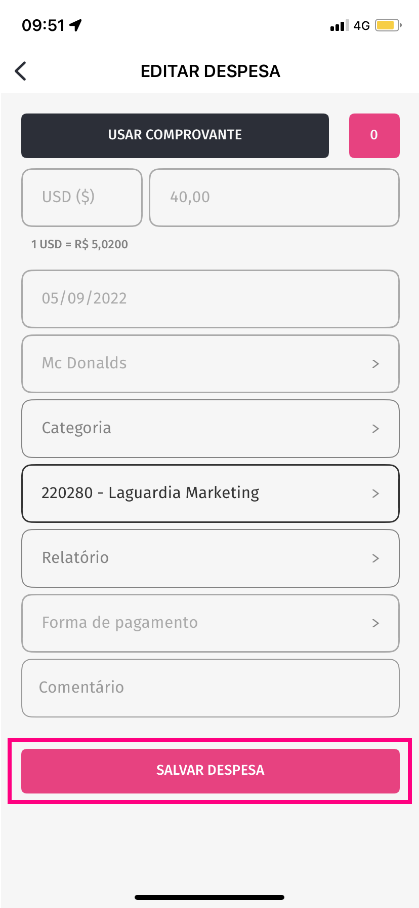 imagem de uma despesa com destaque para o botão de salvar