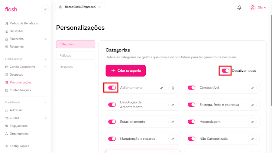 destaque para as opções desativar todas e adiantamento