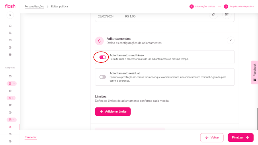Configurar política de despesa. Tela menu adiantamento simultâneo