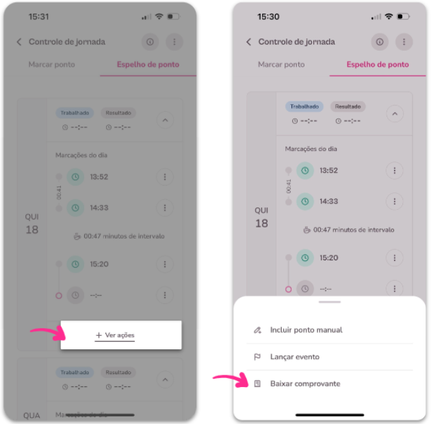 Imagem de ponto exemplo no menu ver ações e baixar comprovante.