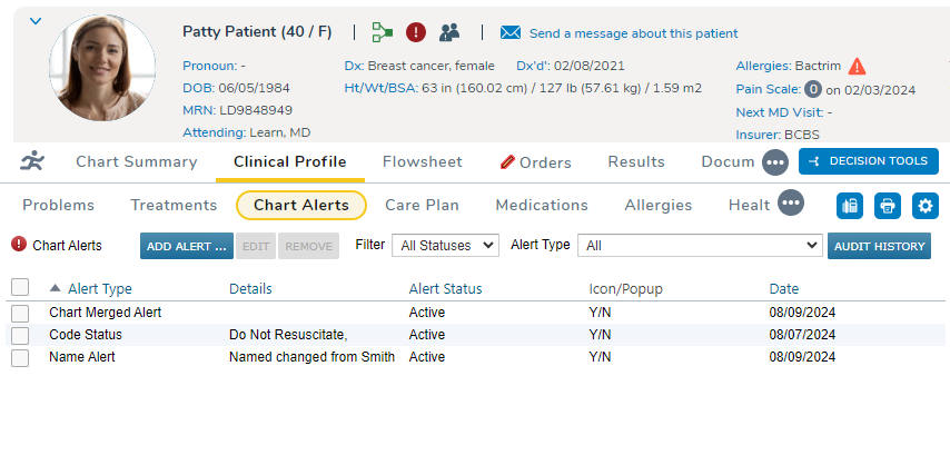 The Clinical Profile > Chart Alerts tab visible with Chart Alerts visible in the Patient Banner - click to enlarge The Clinical Profile > Chart Alerts tab visible with Chart Alerts visible in the Patient Banner
