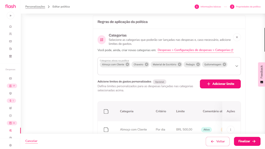 altere as regras de interesse, passando por cada uma das opções de configuração - Categoria, Quilometragem, Adiantamento e Leitura de Comprovante - e clique em “Finalizar”. Continuação 5