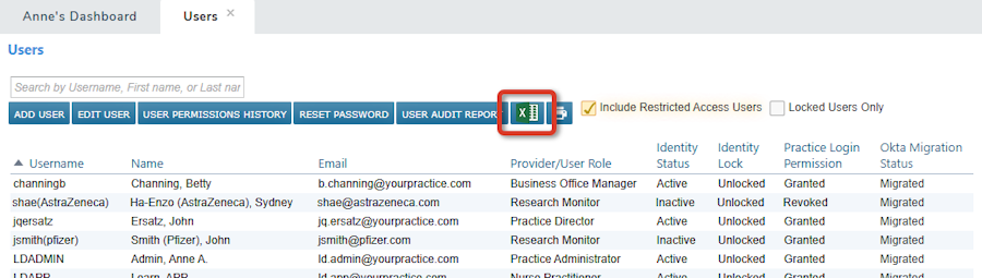 The Users list with the Export to Excel button highlighted