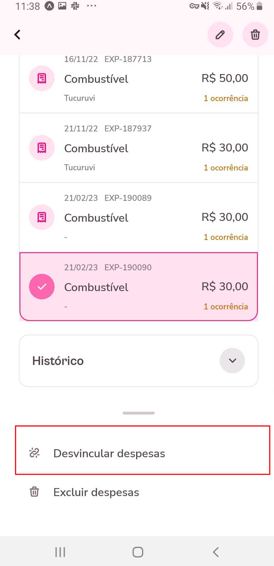 Sinalização de potencial duplicidade na despesa. Como arrumar via aplicativo. Tela de exclusão 1