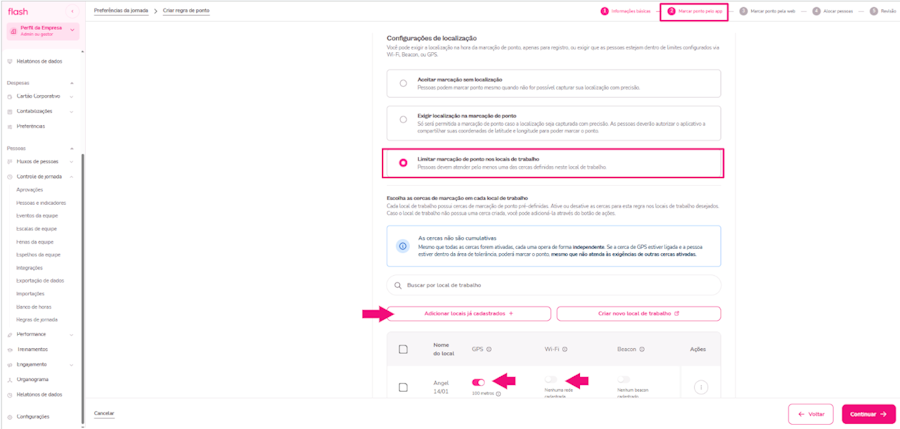 imagem da plataforma com destaque para o menu de localização de marcação de ponto.