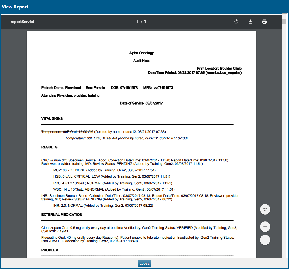 A preview of the Audit Note Flowsheet Report - click to enlarge A preview of the Audit Note Flowsheet Report
