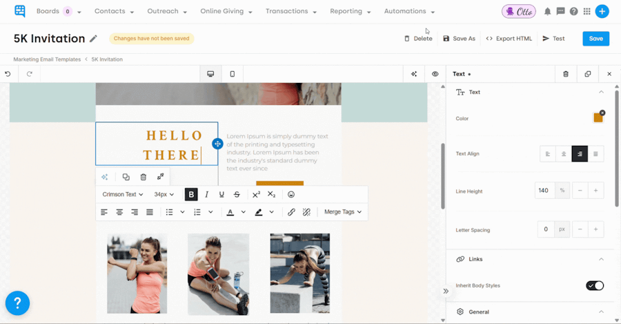 Typing in {name to view and select a name merge tag on template